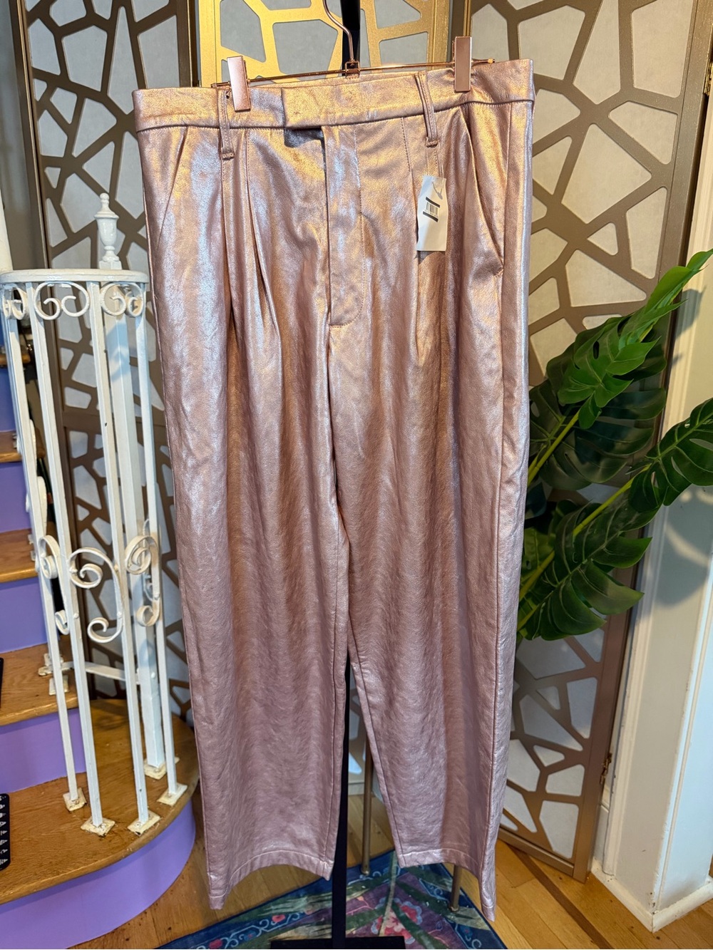 MOTHER Metallic Rose Pink Pleated Wide-Leg Pants